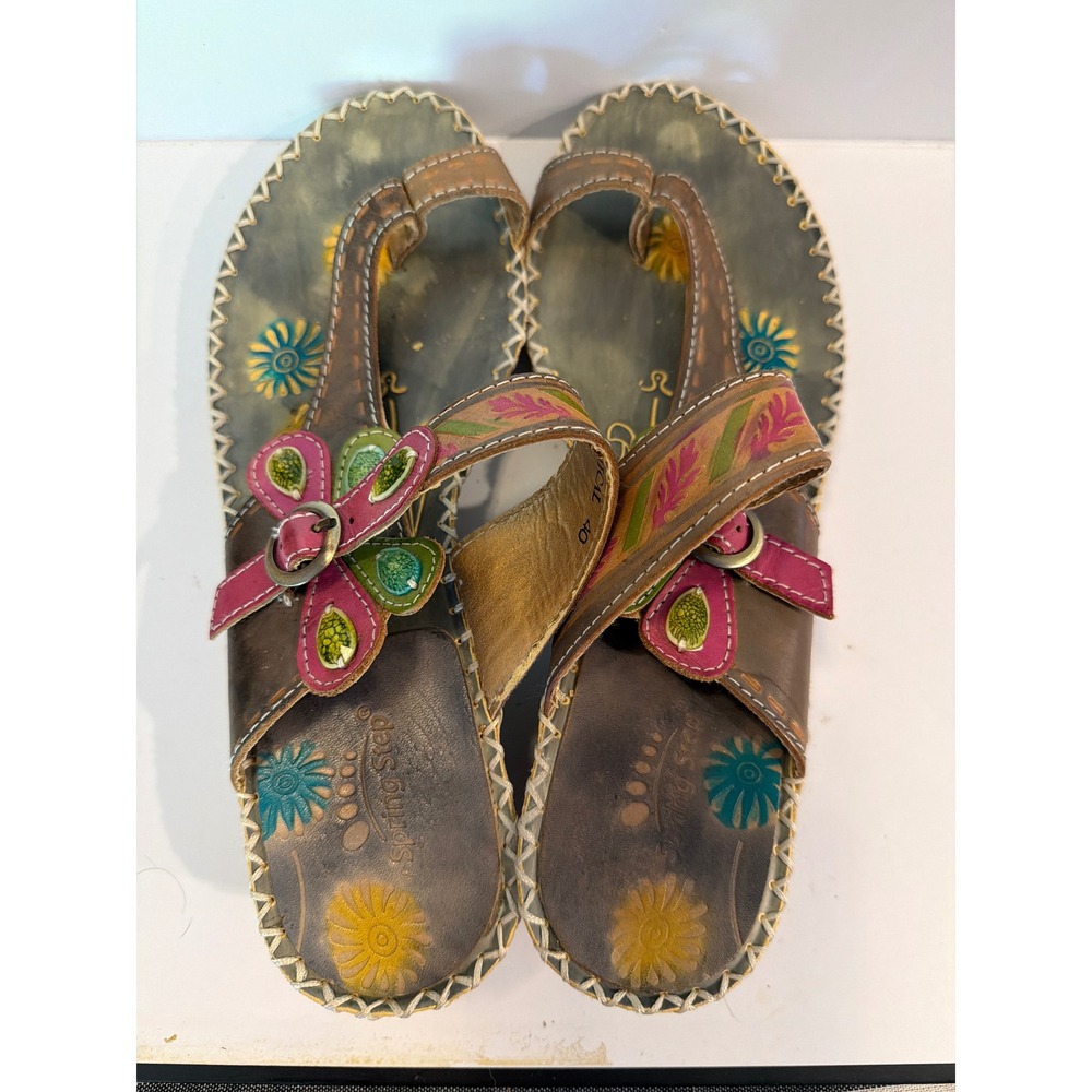 L'Artiste by Spring Step Botanical Floral Leather Wedge Thong Sandals Brown 40